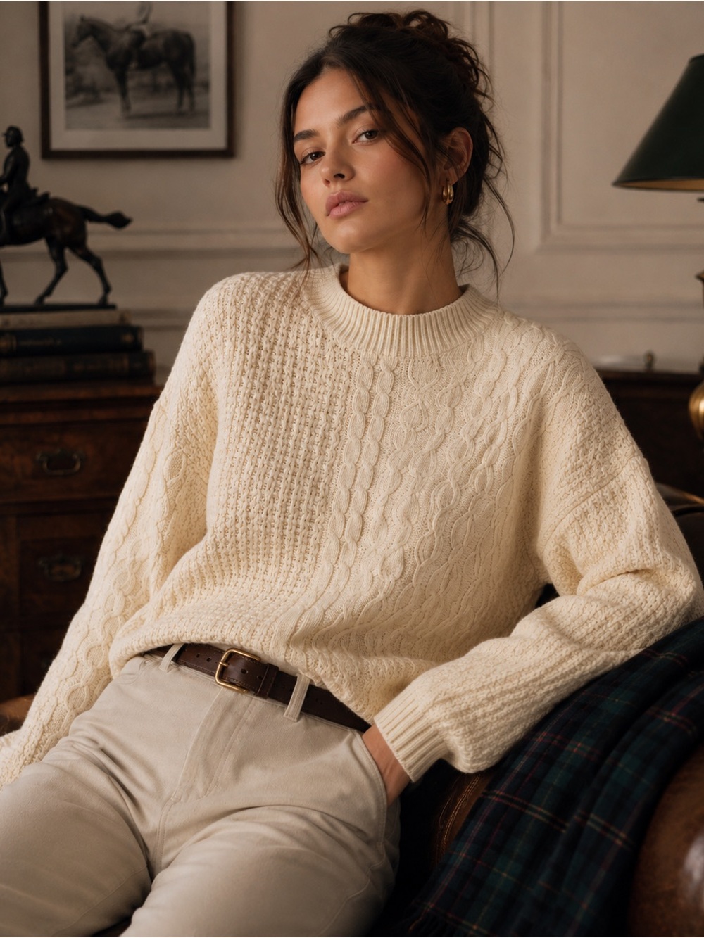 Vintage Baxter & Wells Size Large Ivory Cream Cable Knit Crew Neck Sweater